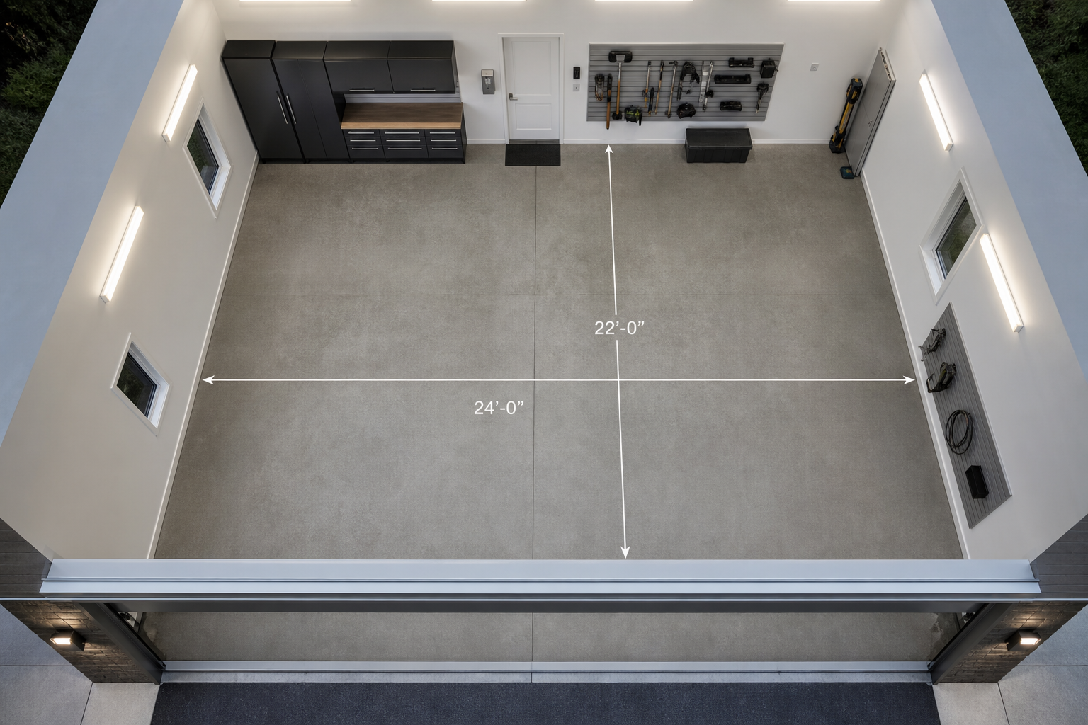 Aerial view of empty garage showing floor dimensions and measurements