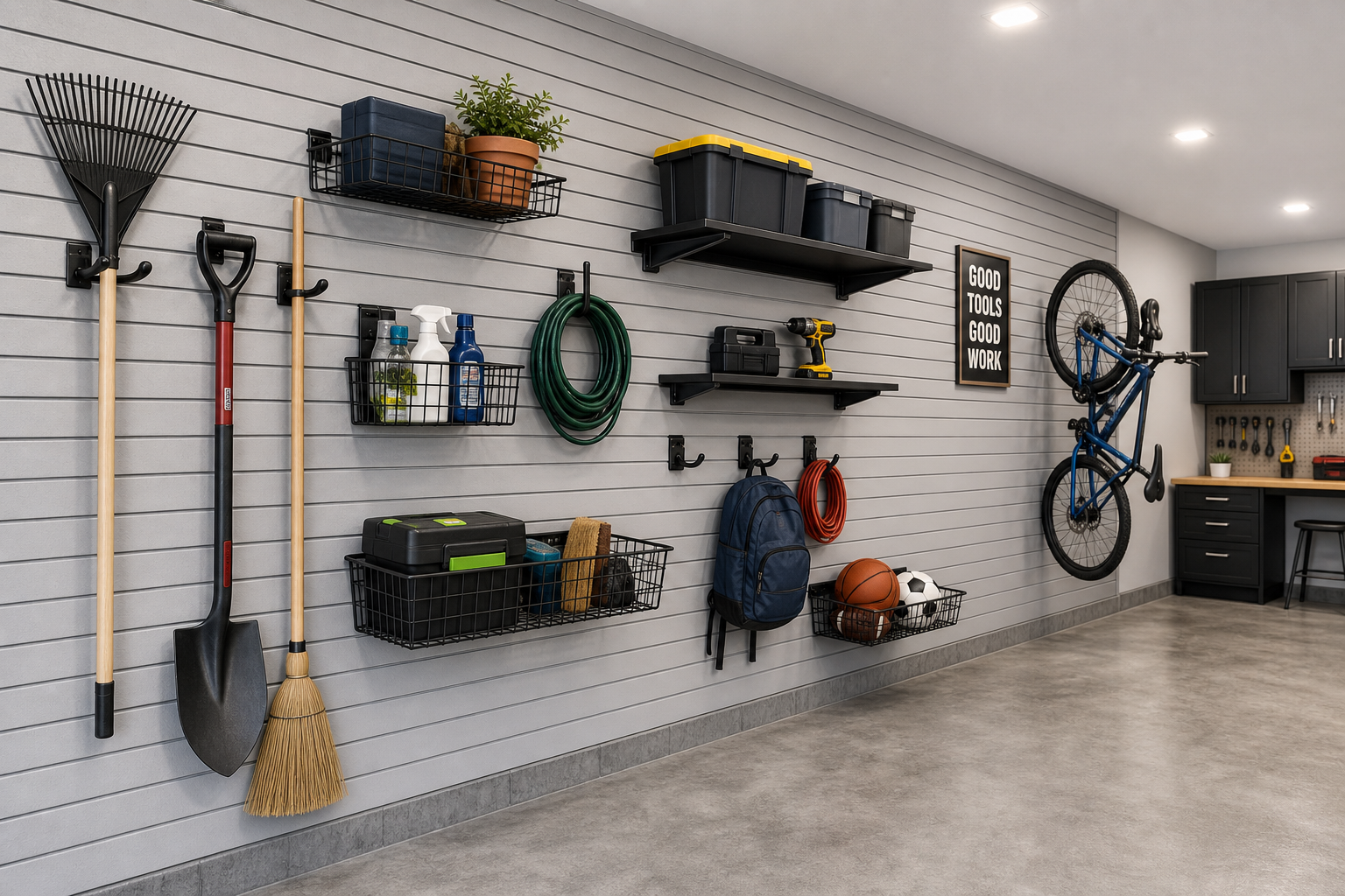 Gray slatwall panels installed on garage wall with storage accessories