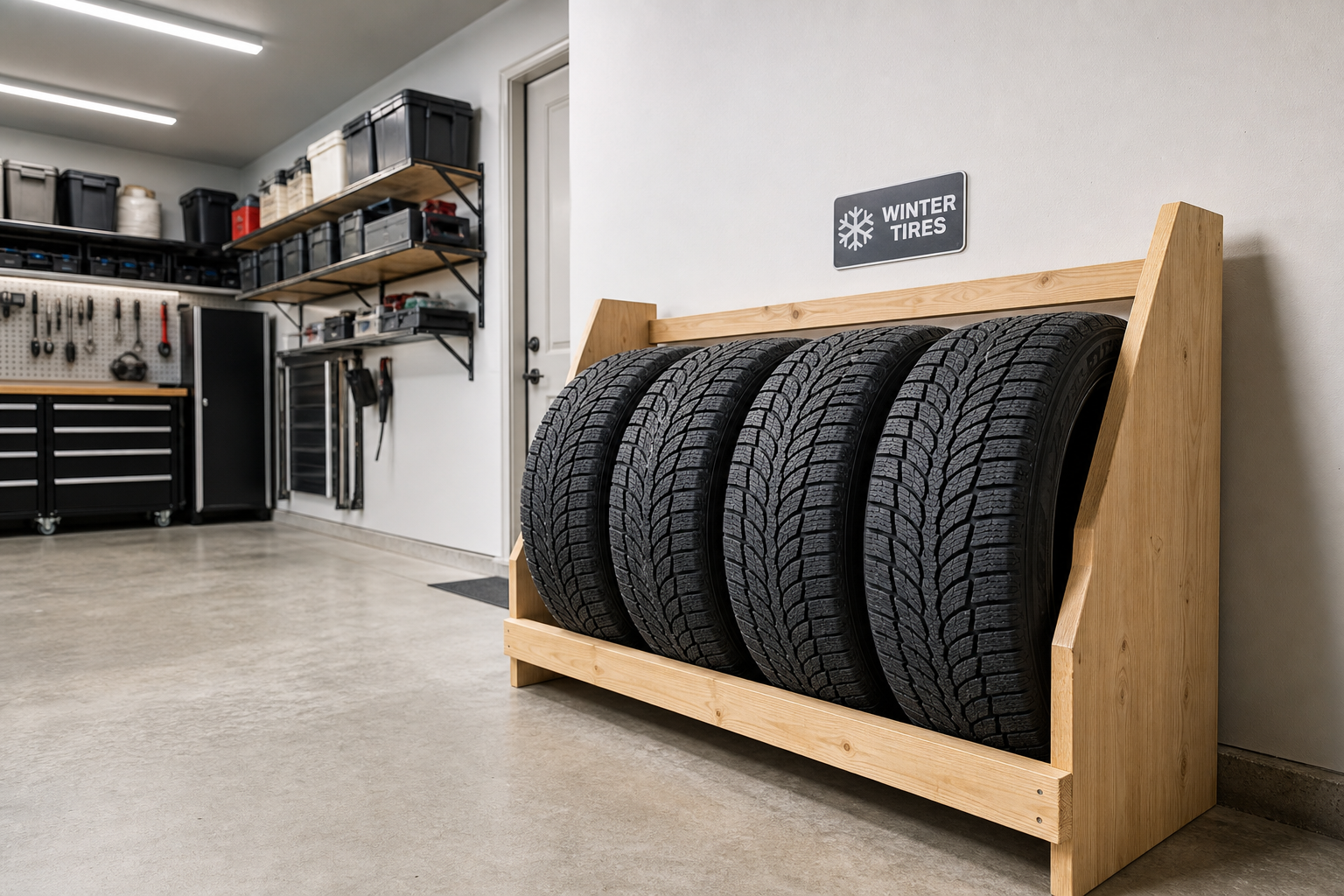 Four winter tires properly stored on wooden rack in organized garage