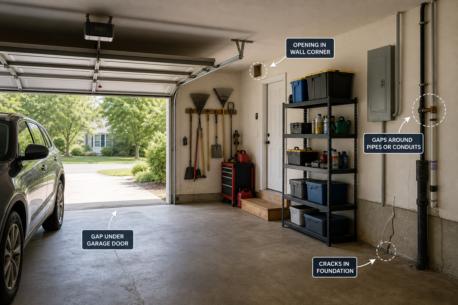 Garage interior showing common pest entry points around doors, pipes, and foundation