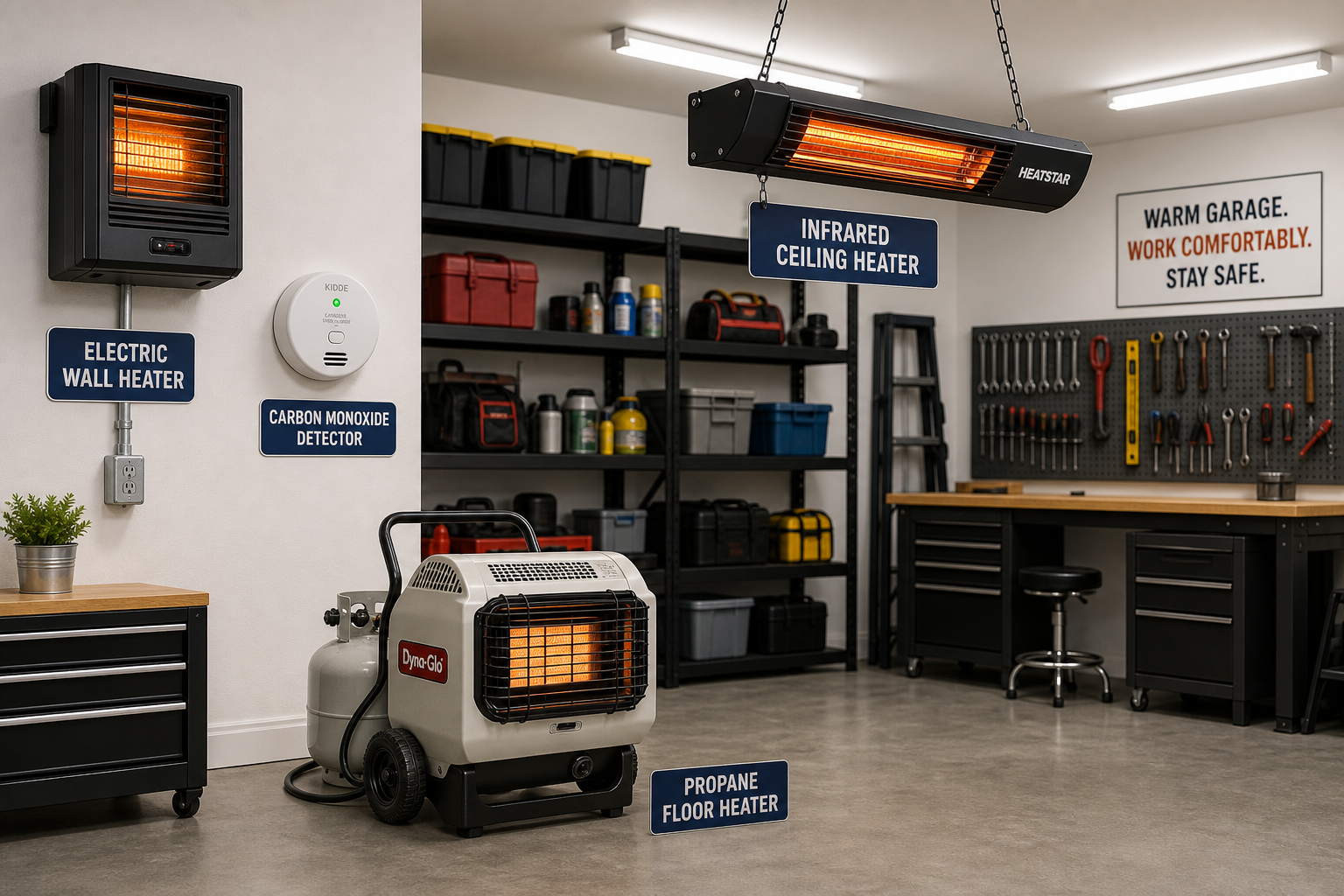 Various garage heater types with CO detector in organized garage setting