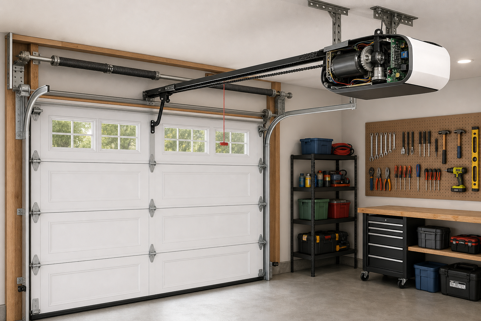 Cross-section view of garage door opener system showing motor and drive mechanism