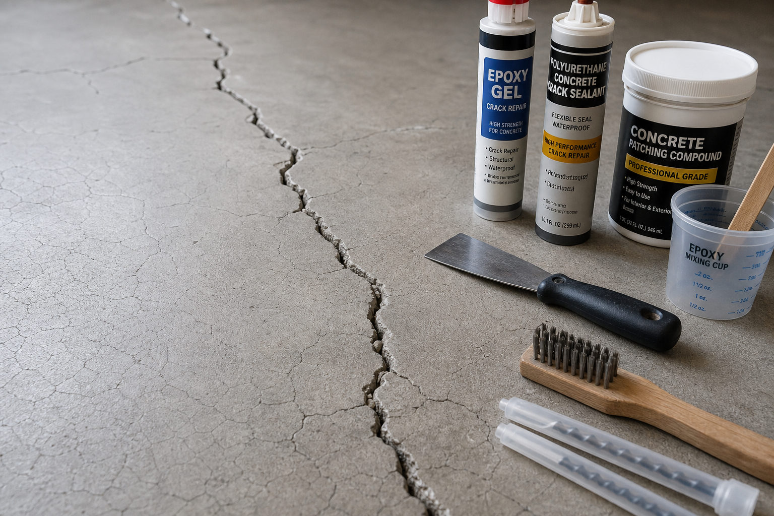 Concrete floor with visible cracks and repair materials