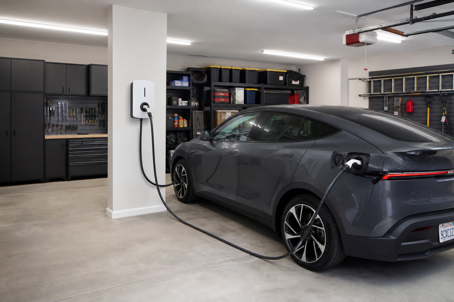 Electric vehicle charging in a home garage with wall-mounted EV charger