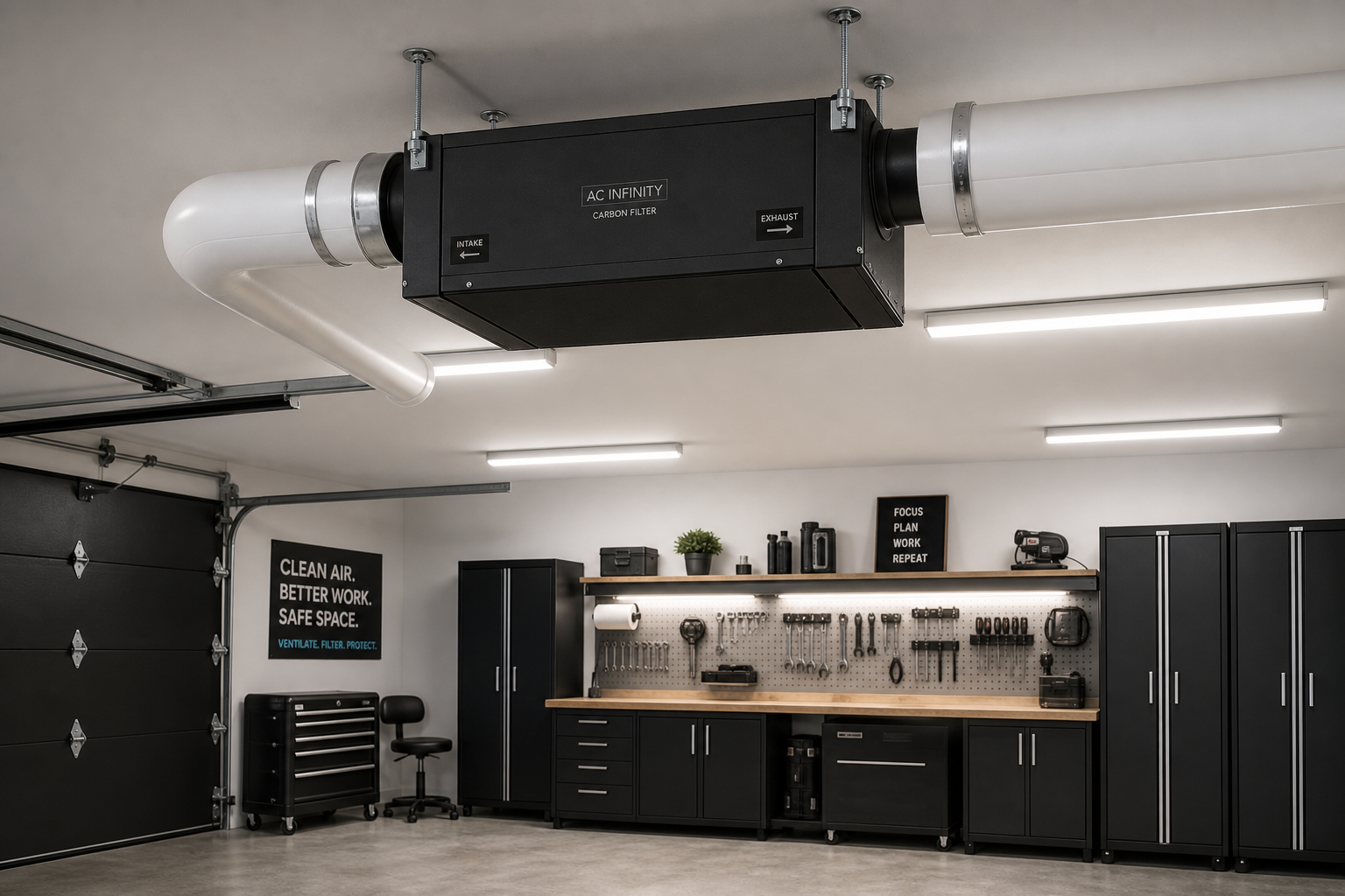 Modern garage with carbon filter ventilation system installed on ceiling