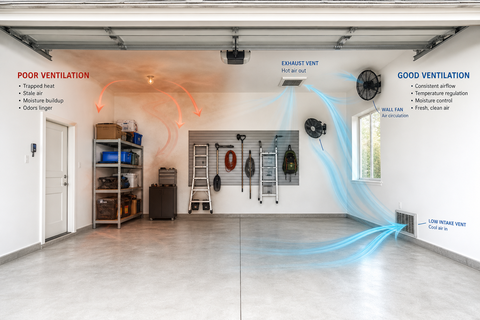 Garage interior demonstrating basic ventilation principles and airflow patterns