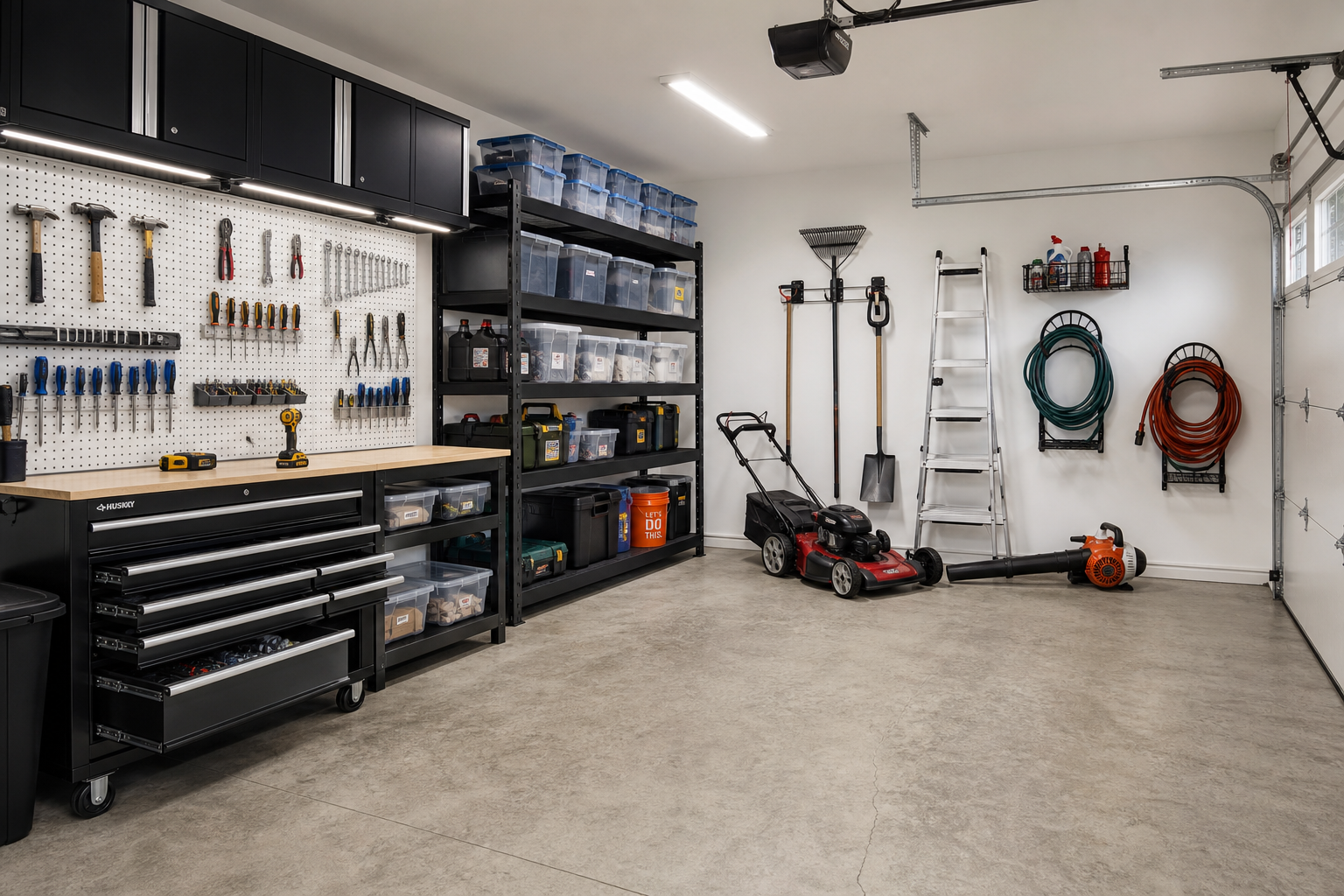 Organized garage showing basic storage systems including pegboards, shelving, and tool storage