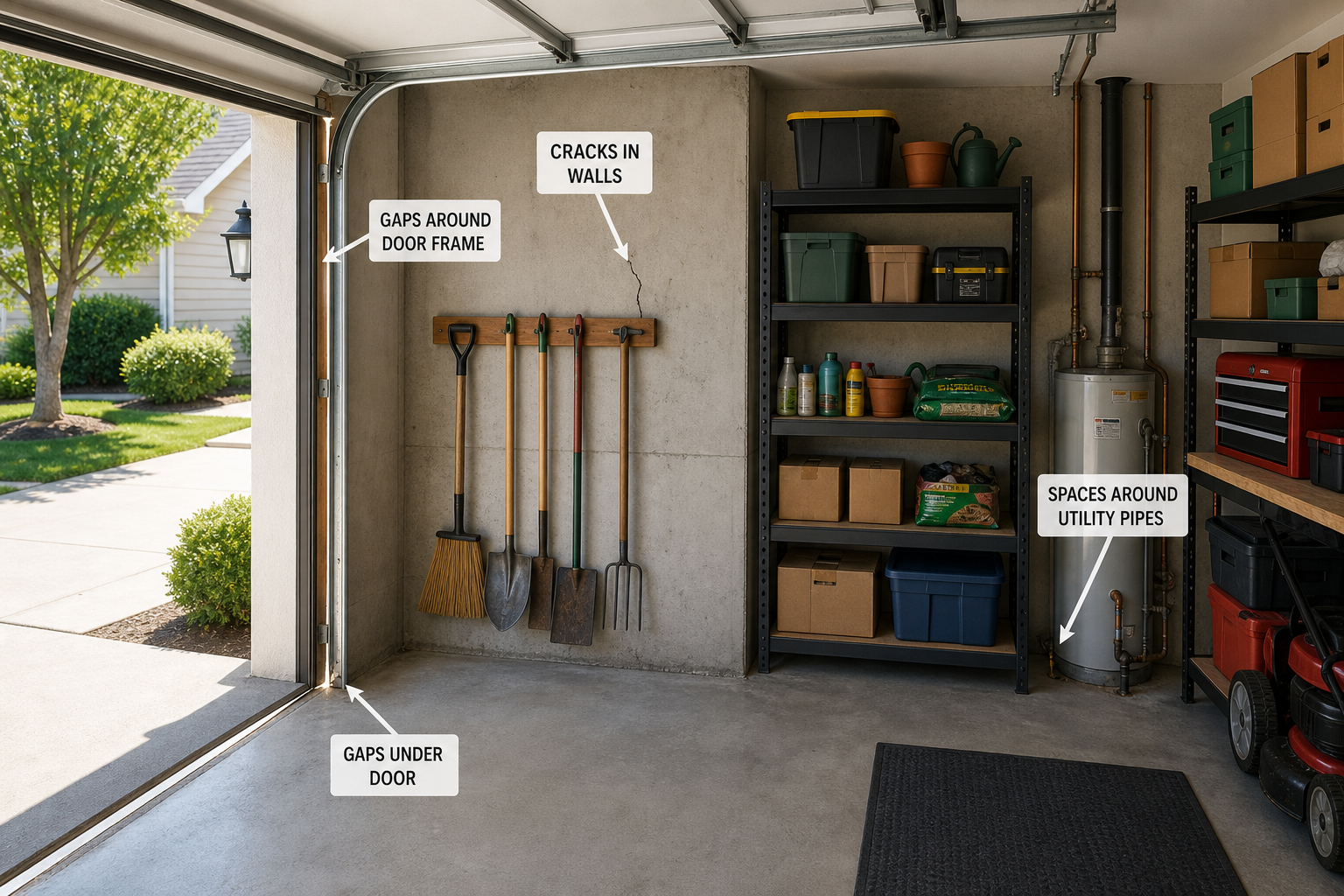 Garage interior showing common pest entry points and vulnerable areas