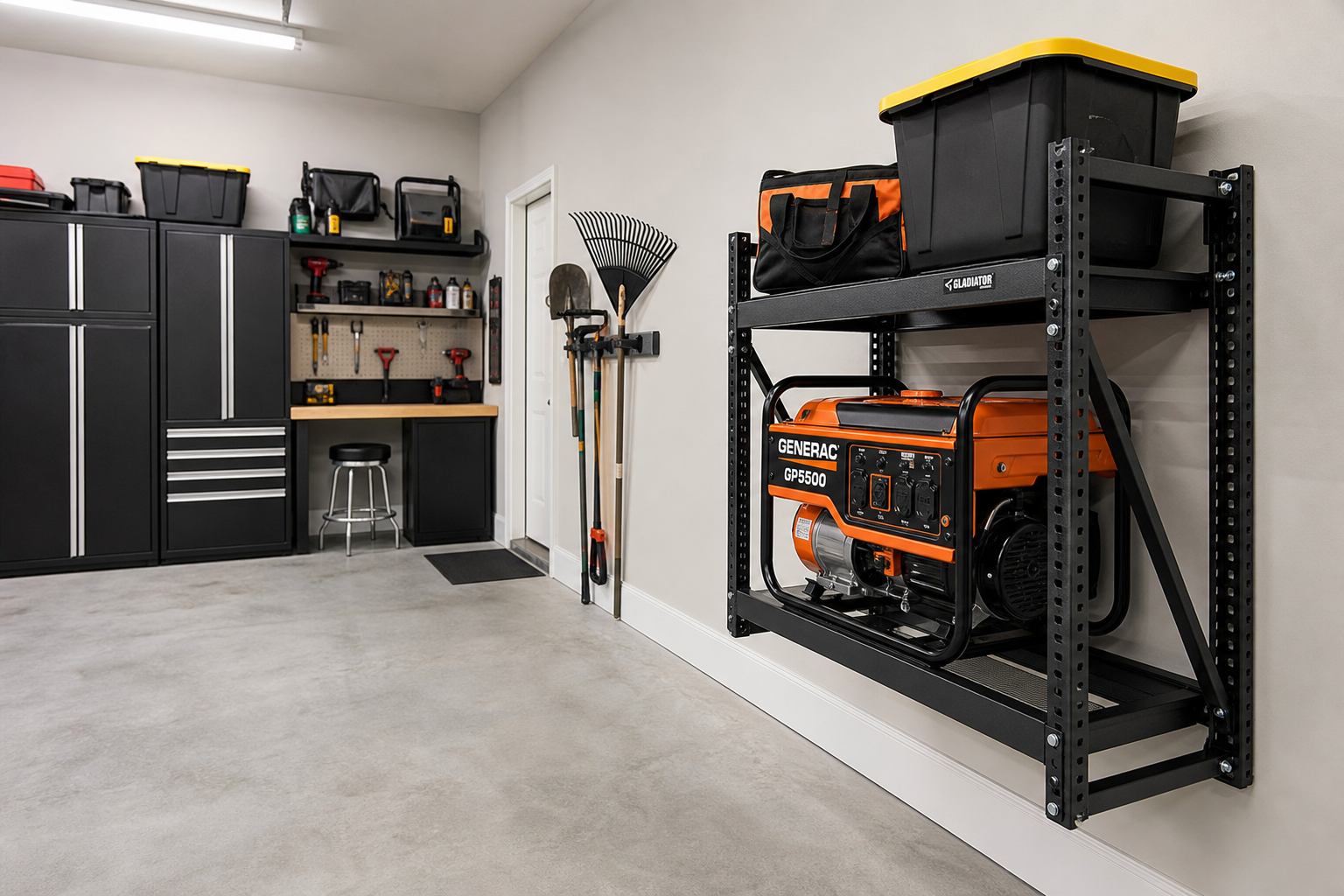 Portable generator mounted on wall storage rack in organized garage