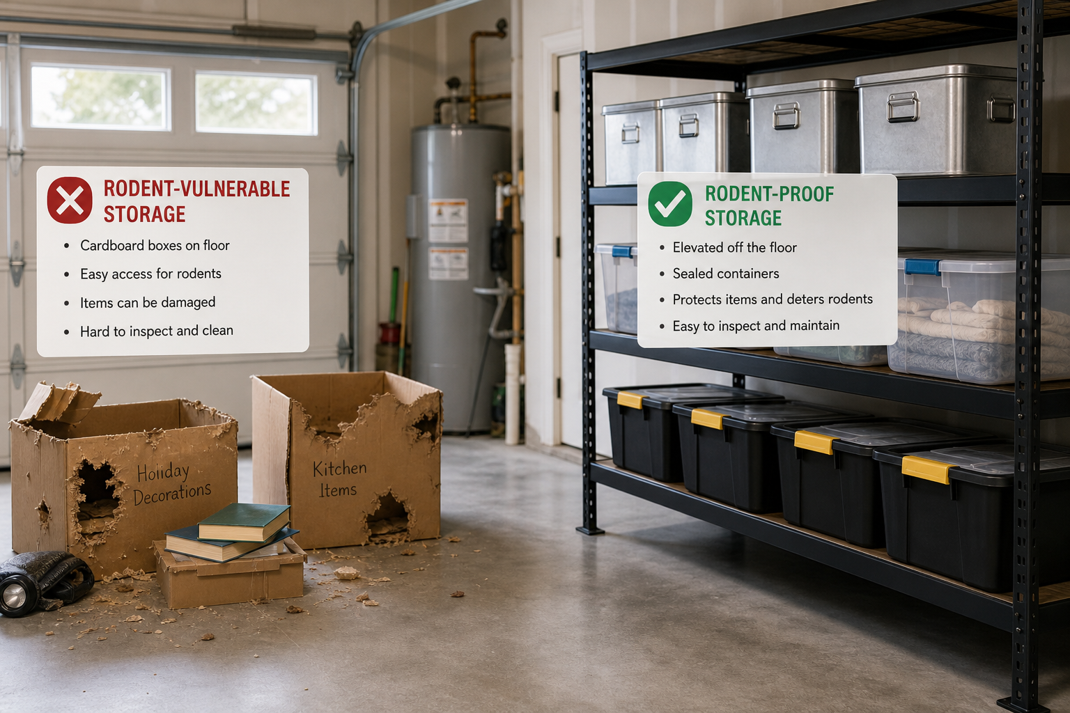 Garage showing comparison between vulnerable cardboard storage and rodent-proof metal shelving with sealed containers
