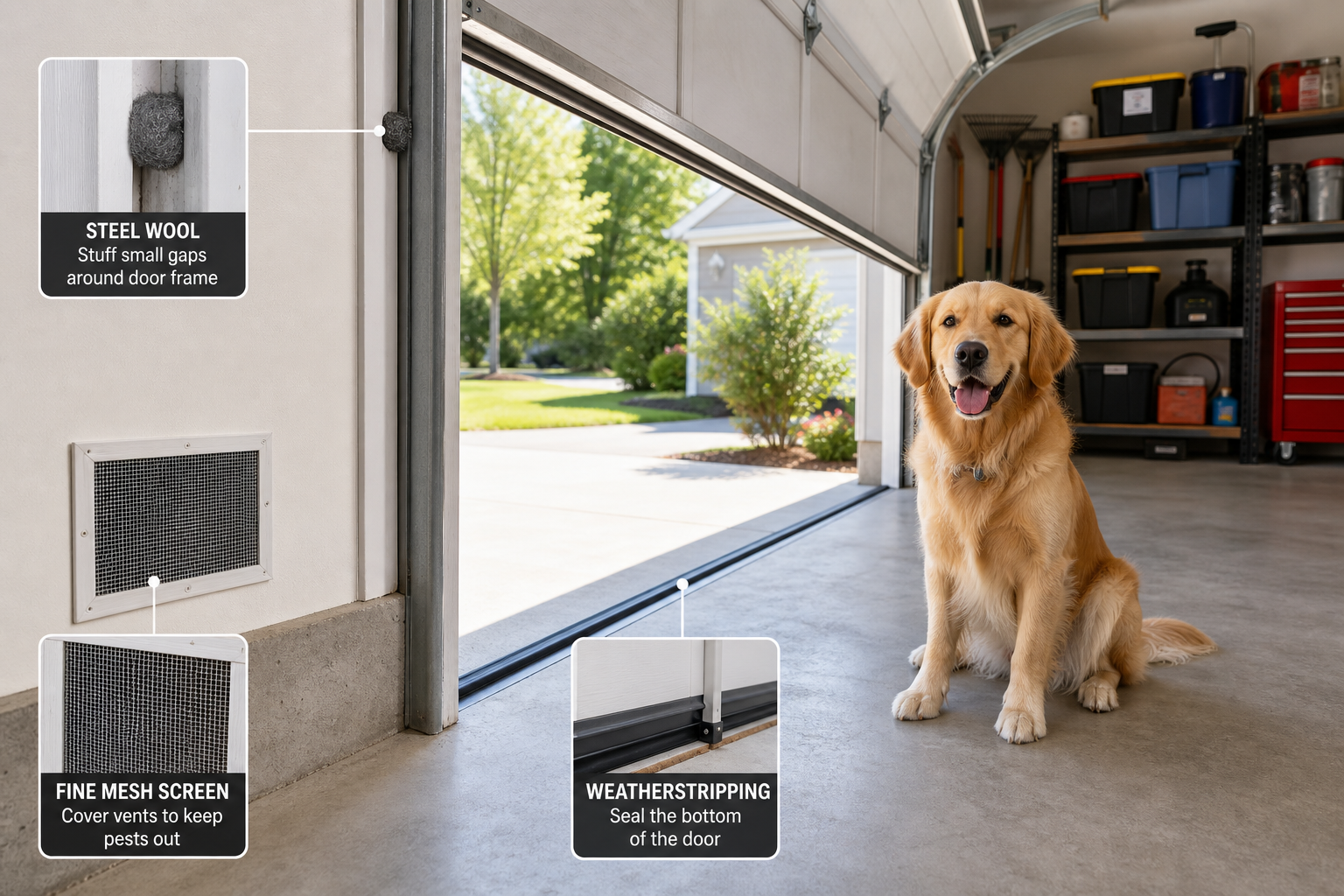 Garage showing pest exclusion materials like steel wool and mesh screens with a dog nearby