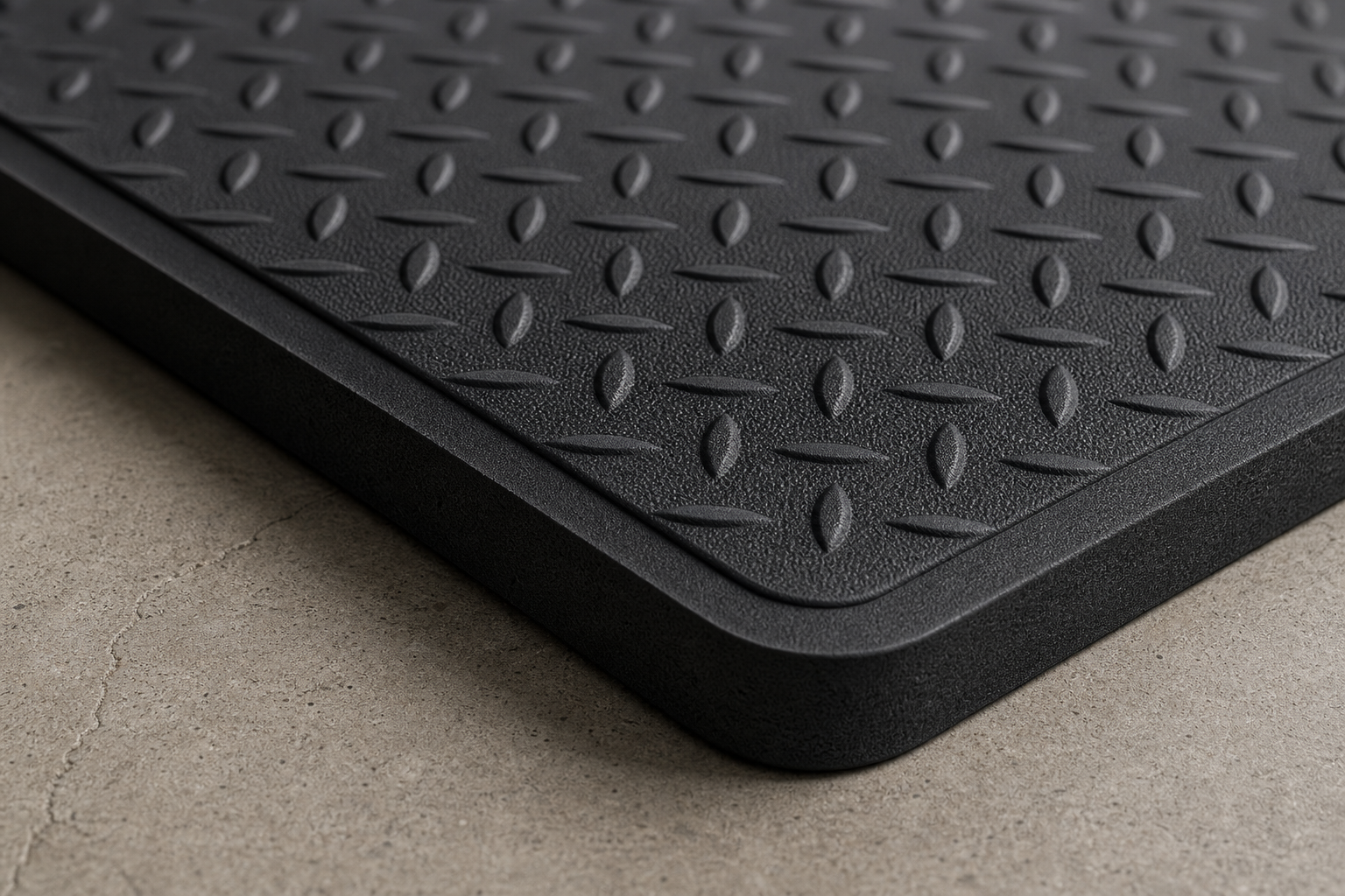 Anti-fatigue garage floor mat showing textured surface and thickness