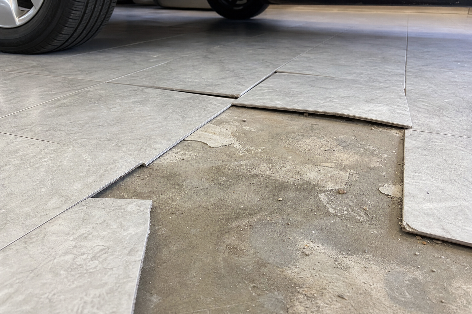Garage floor tiles lifting and separating from concrete substrate