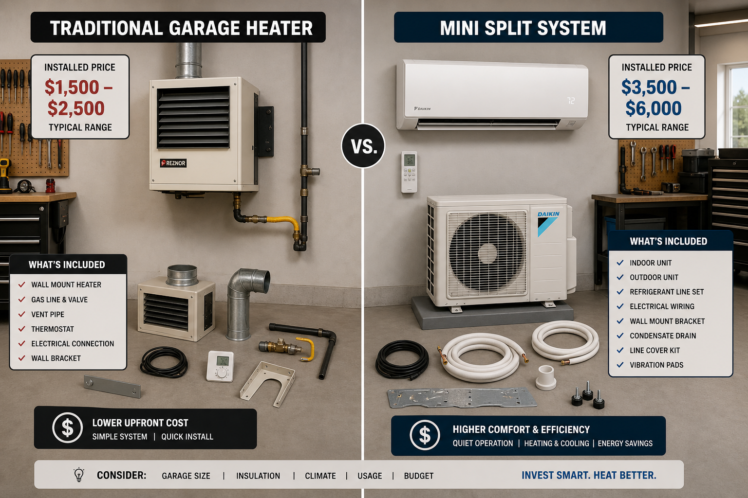 Side-by-side comparison of garage heater and mini split system with cost components displayed