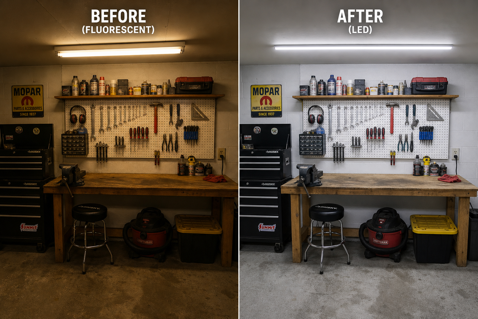 Before and after comparison of fluorescent versus LED task lighting upgrade