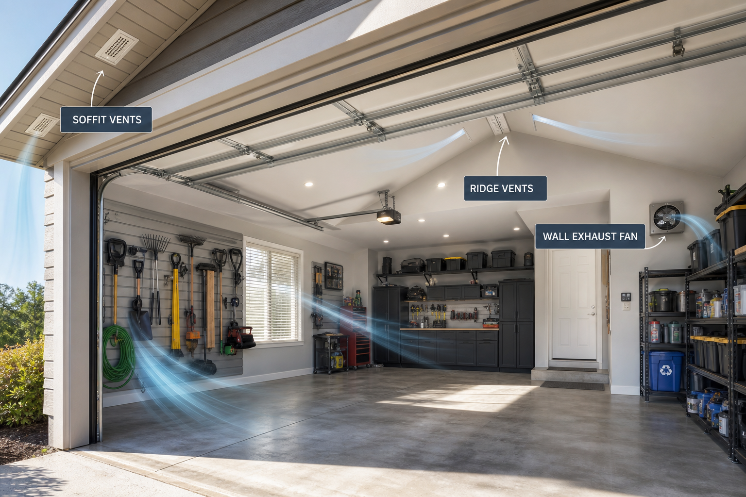 Garage interior showing various ventilation fans and vents for humidity control