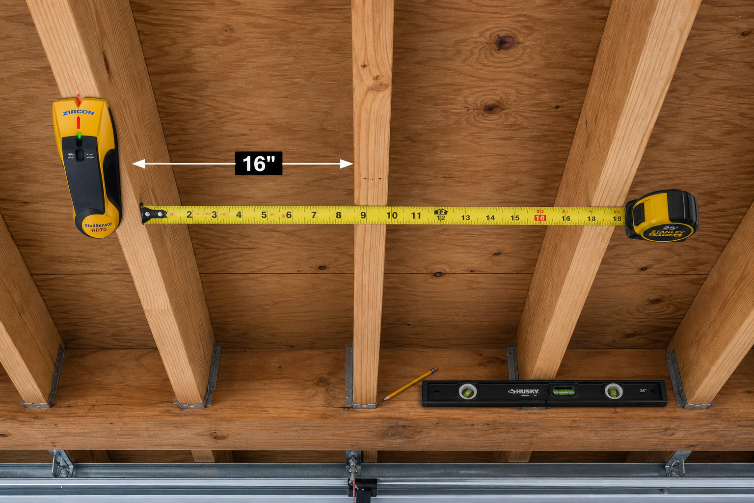 Garage ceiling joists being measured for storage rack installation spacing