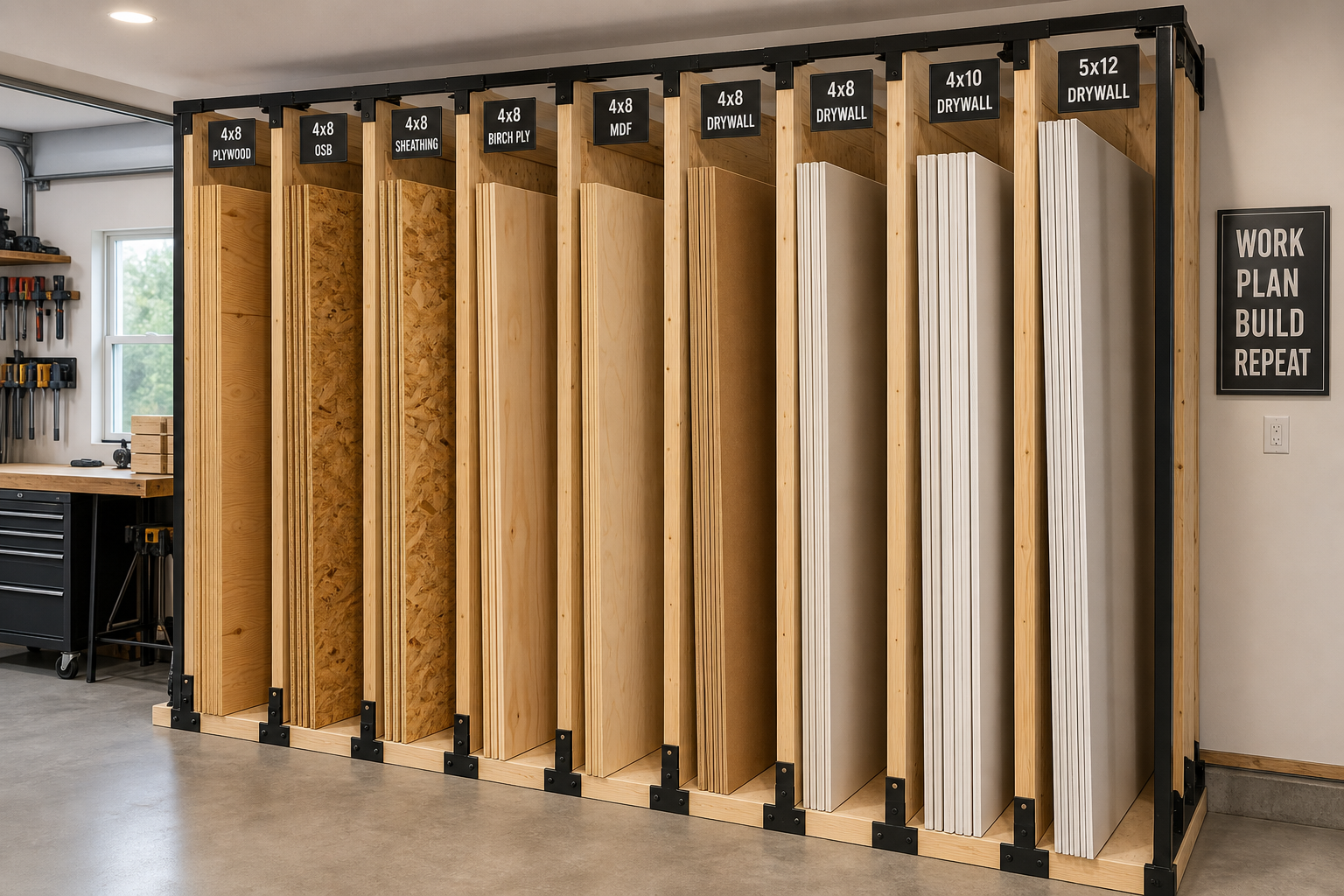 Vertical plywood and sheet goods storage rack with organized materials
