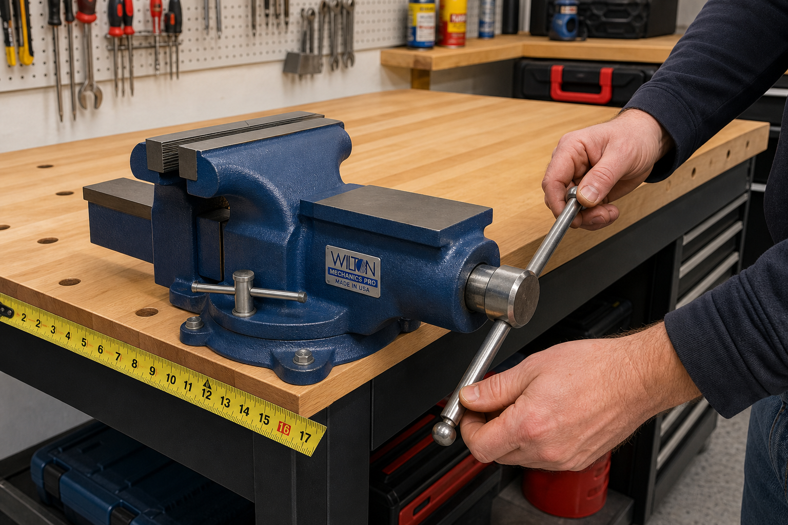 Workbench corner showing properly mounted vise with measuring considerations and mounting hardware visible