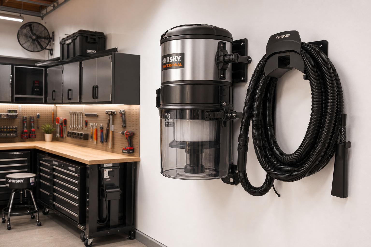 Wall-mounted shop vacuum system in organized garage workshop