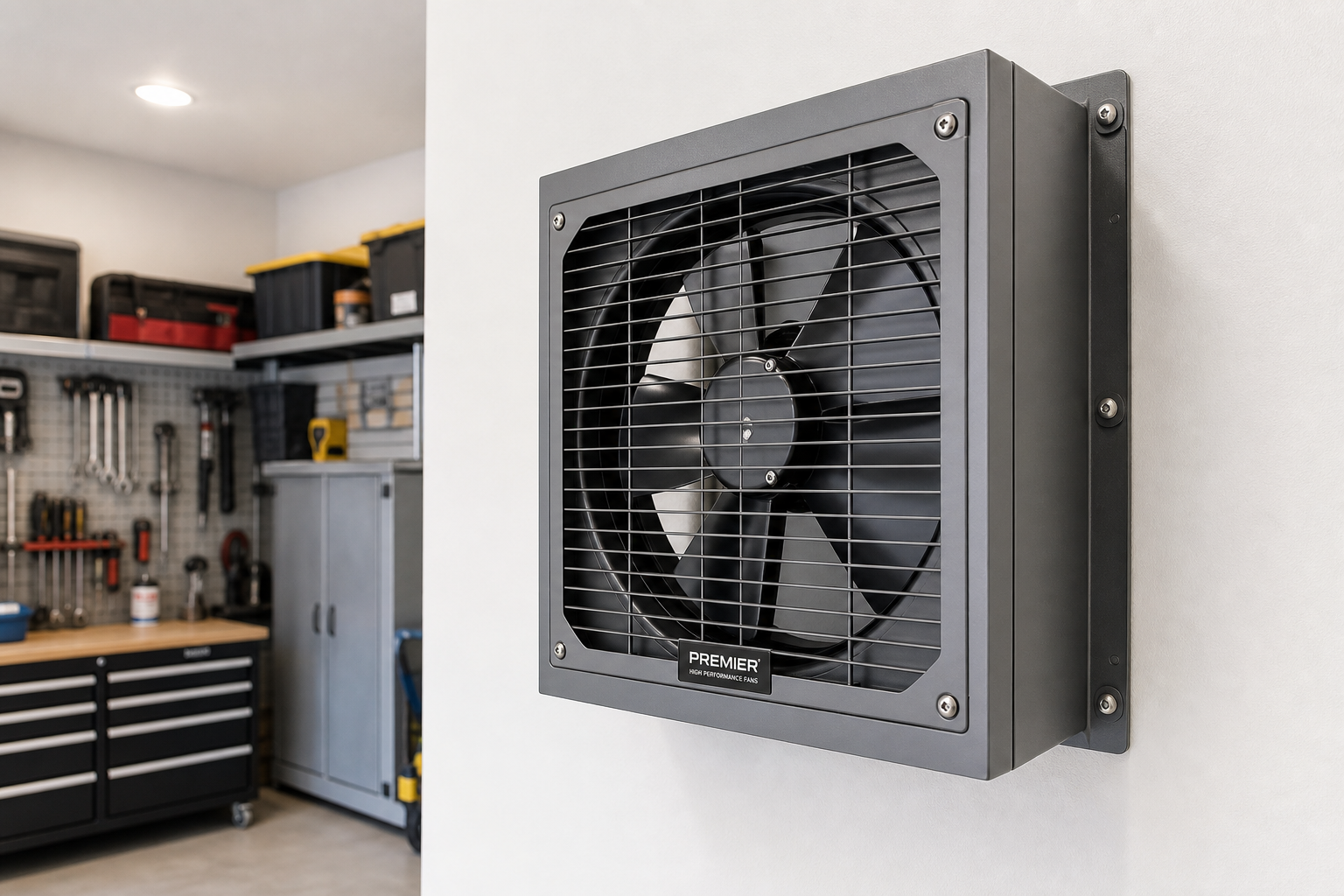 Professional wall-mounted exhaust fan installed in a garage setting