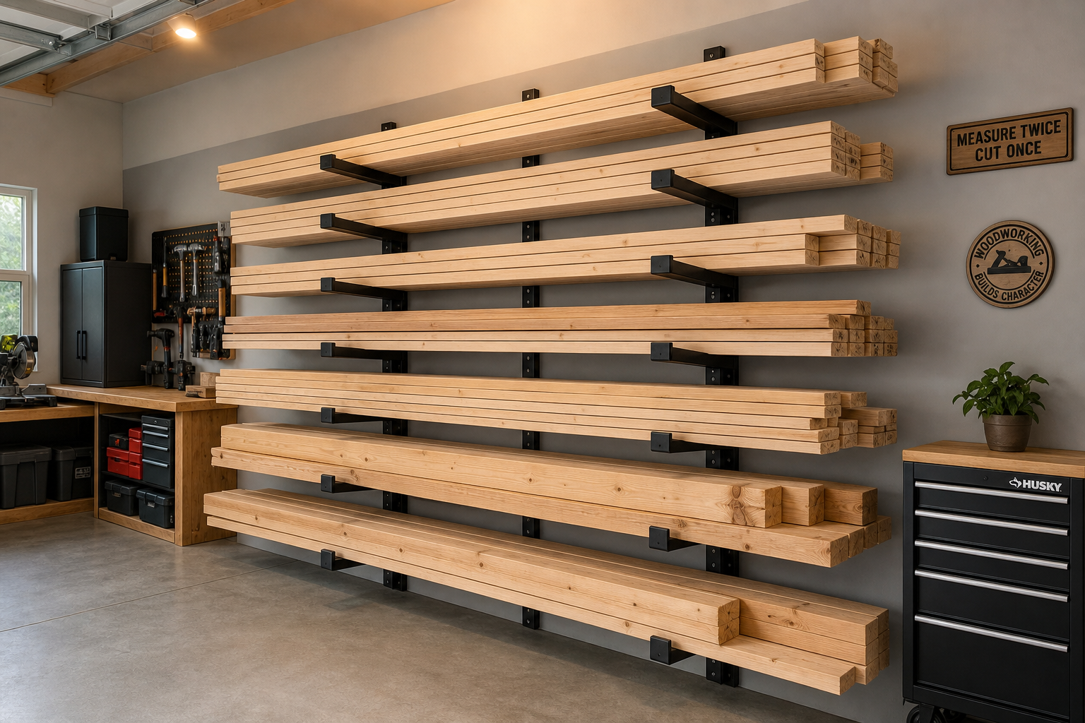 Wall-mounted horizontal lumber storage rack in organized garage workshop