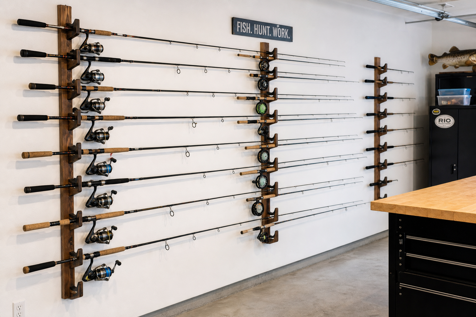 Fishing rods organized in wall-mounted storage racks in a garage