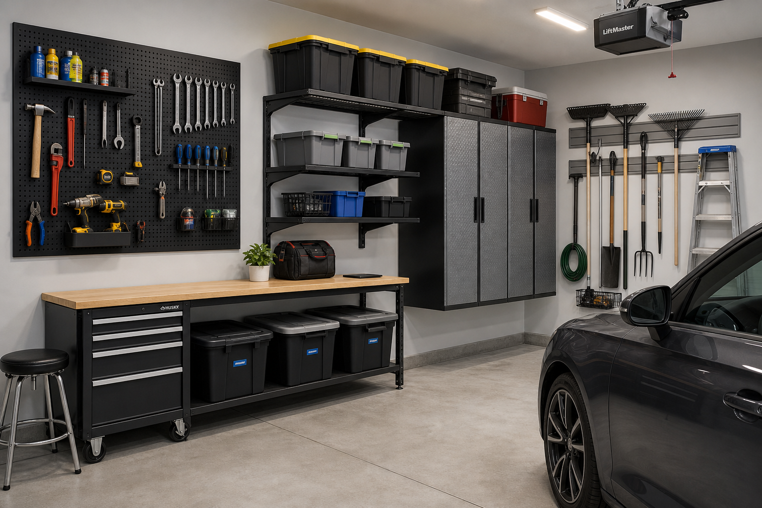 Organized garage wall with pegboard, shelves, and hanging storage solutions