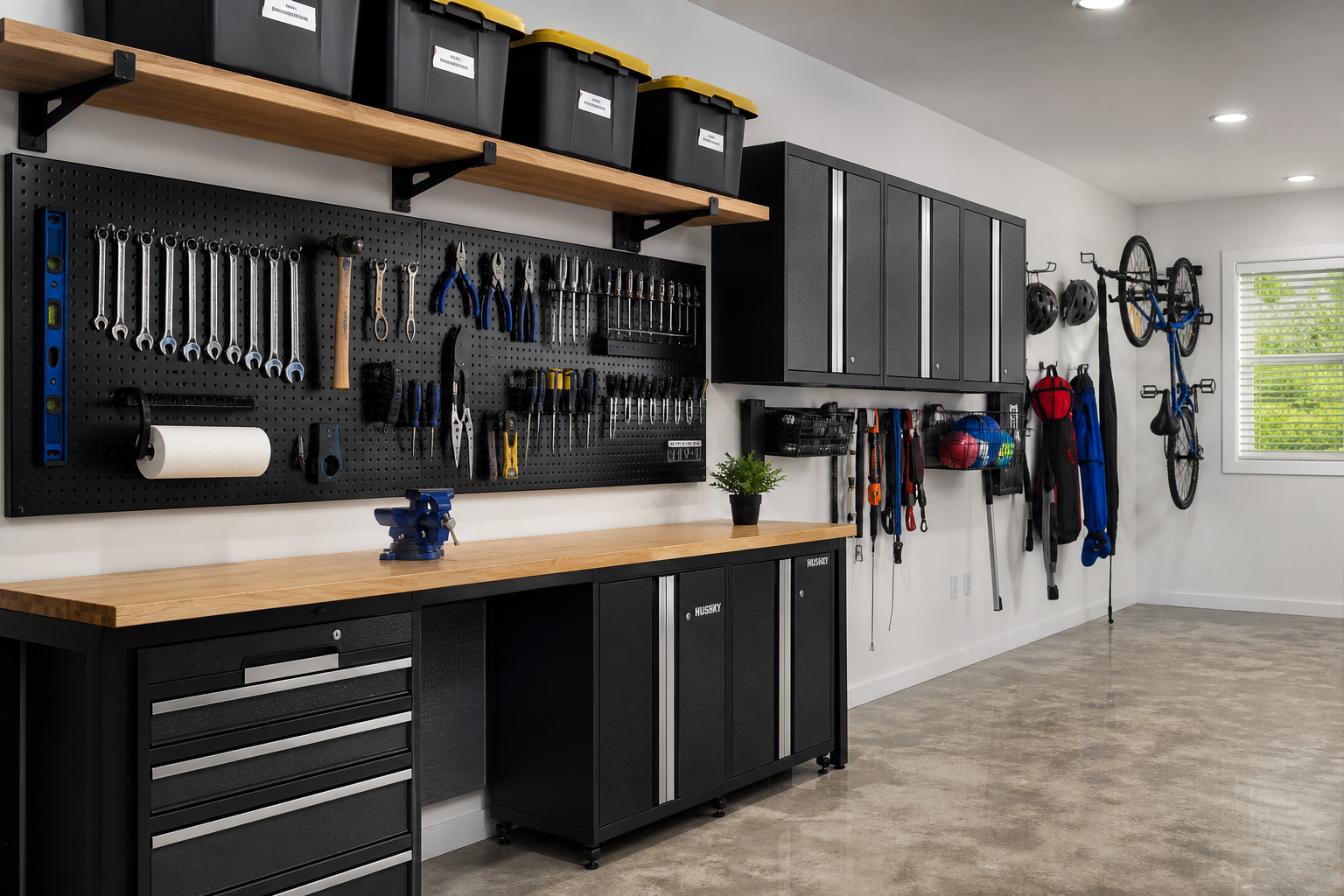 Organized garage wall with various wall-mounted storage systems including pegboards, shelves, and cabinets