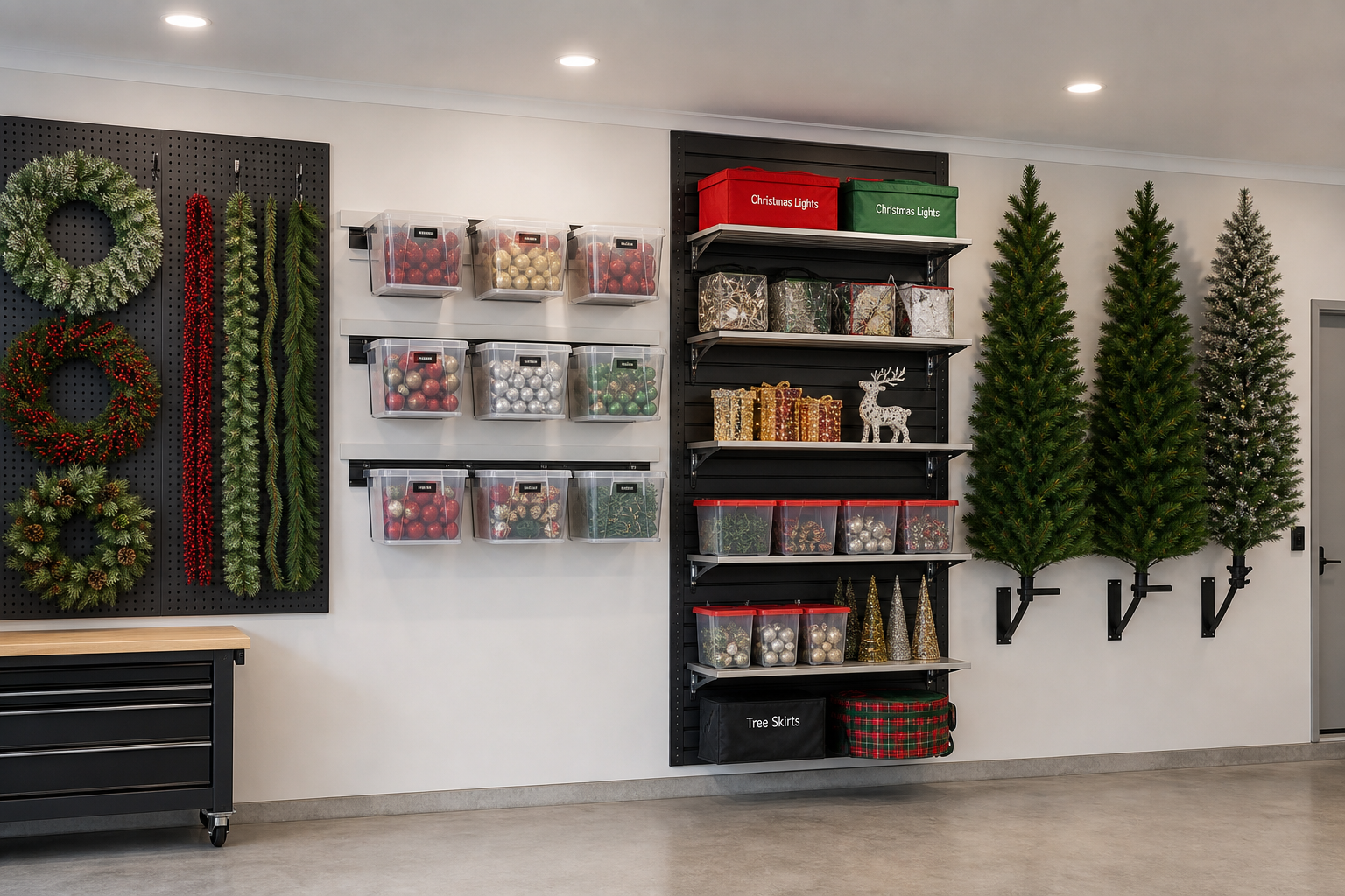 Organized garage wall with various storage systems holding holiday decorations