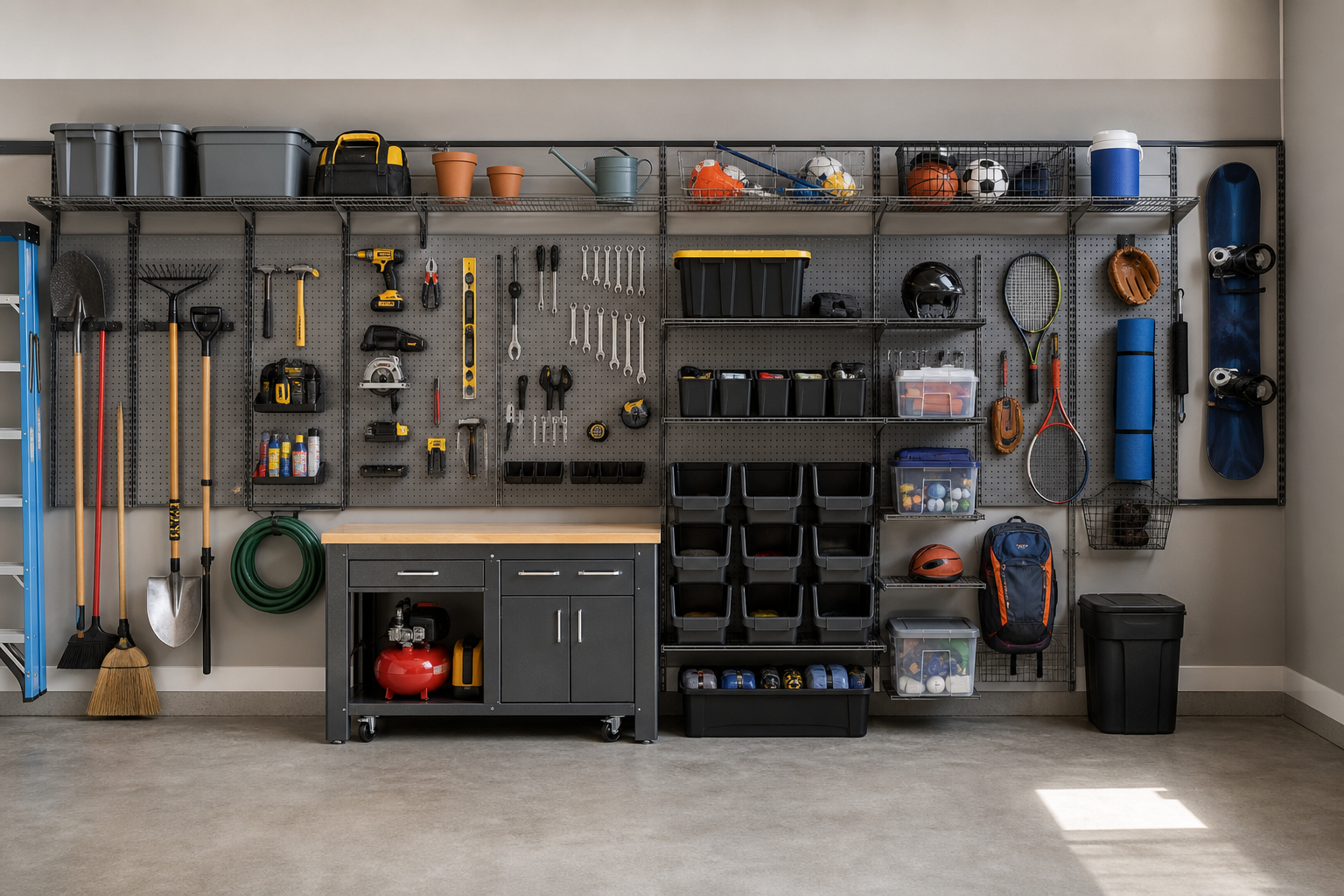 Organized garage wall storage system with pegboards and shelving