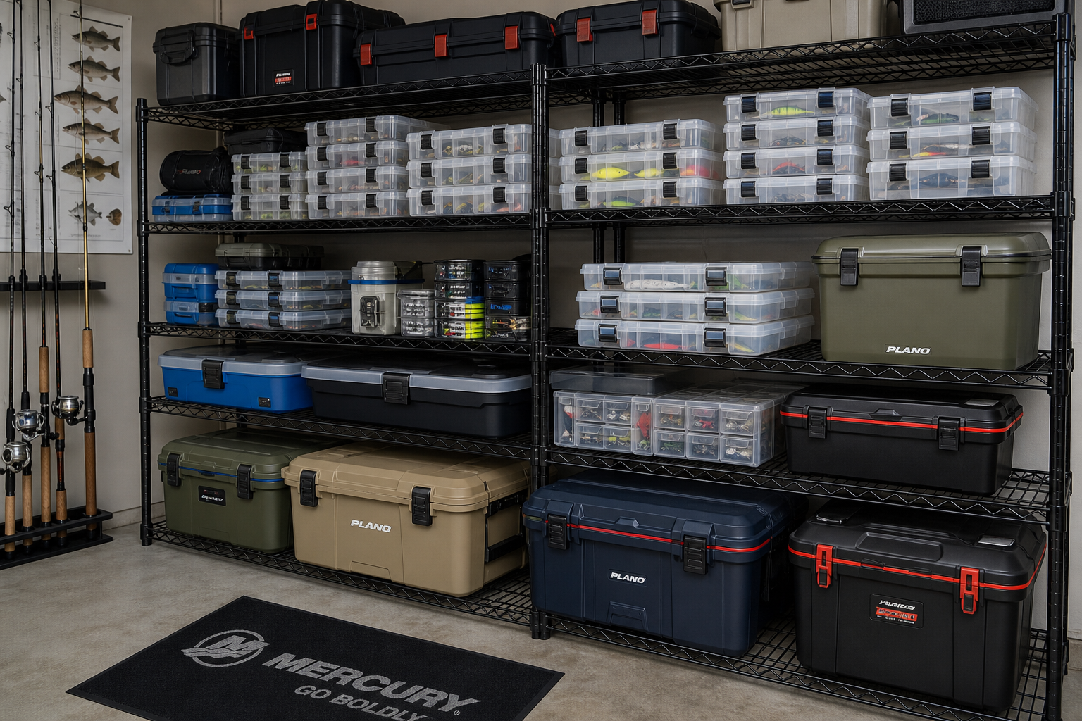 Waterproof tackle boxes and storage containers organized on garage shelving