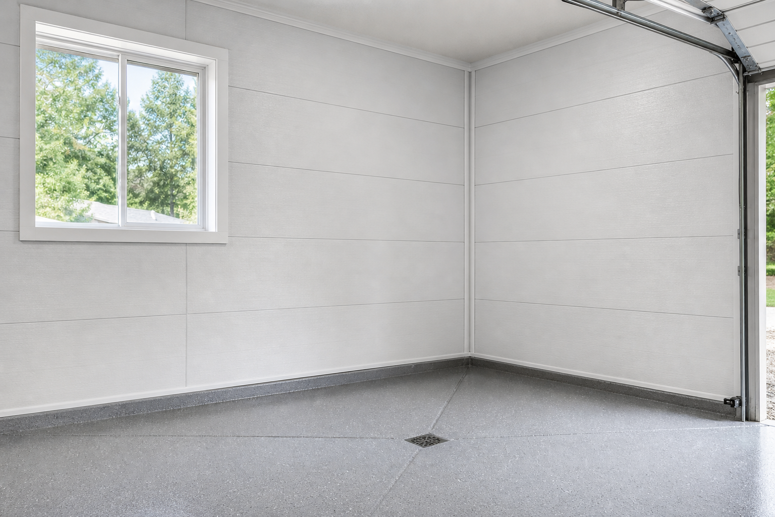 Waterproof wall panels installed in garage corner with sealed edges and moisture-resistant surfaces