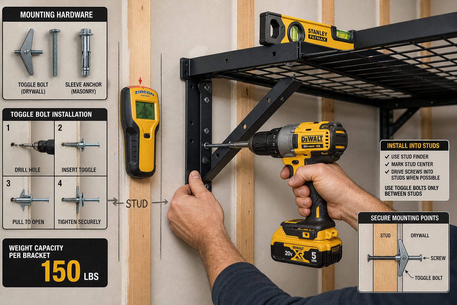 Person installing heavy-duty garage storage brackets with proper mounting hardware and tools
