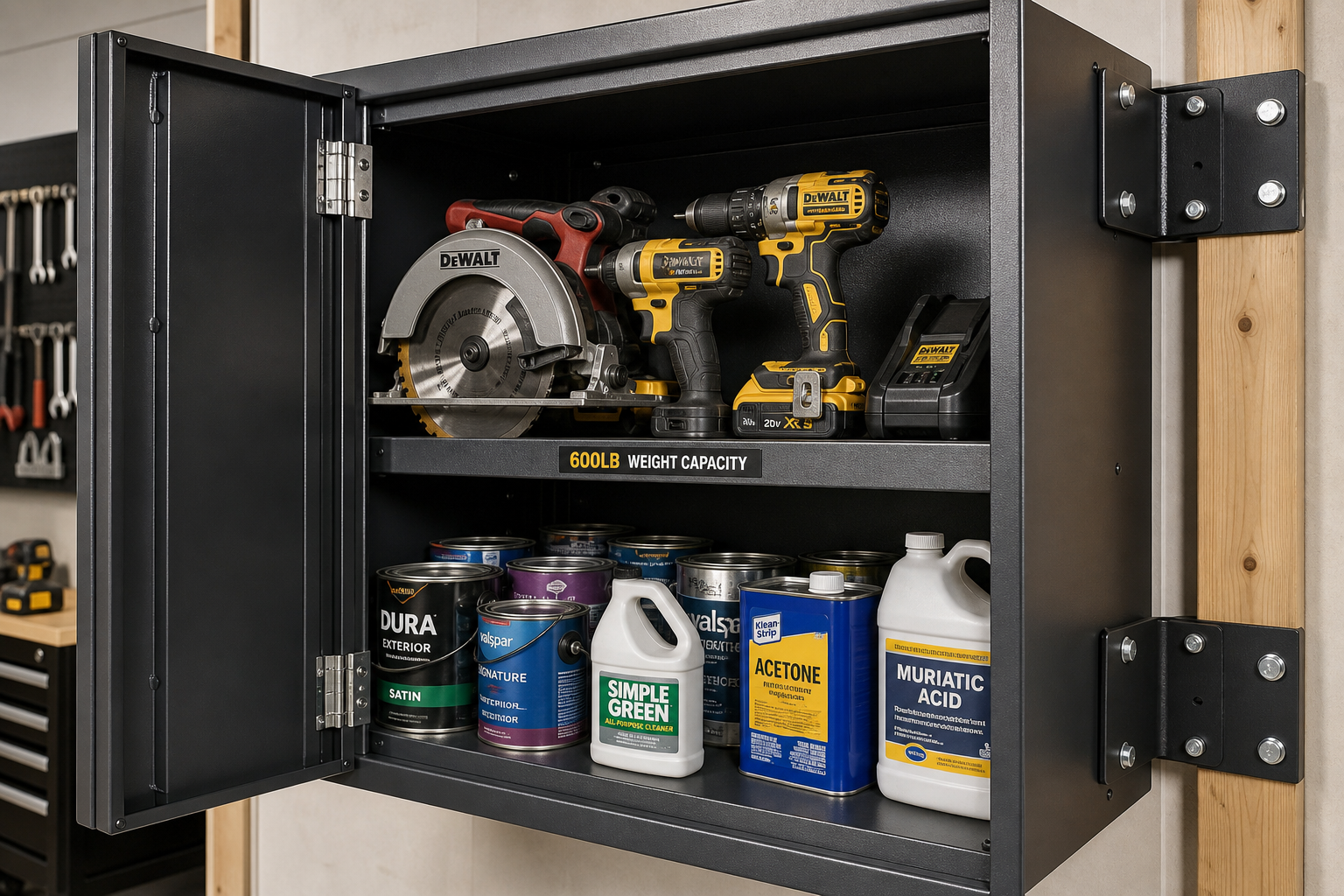 Heavy-duty garage cabinet loaded with tools and chemicals showing weight capacity and safety features