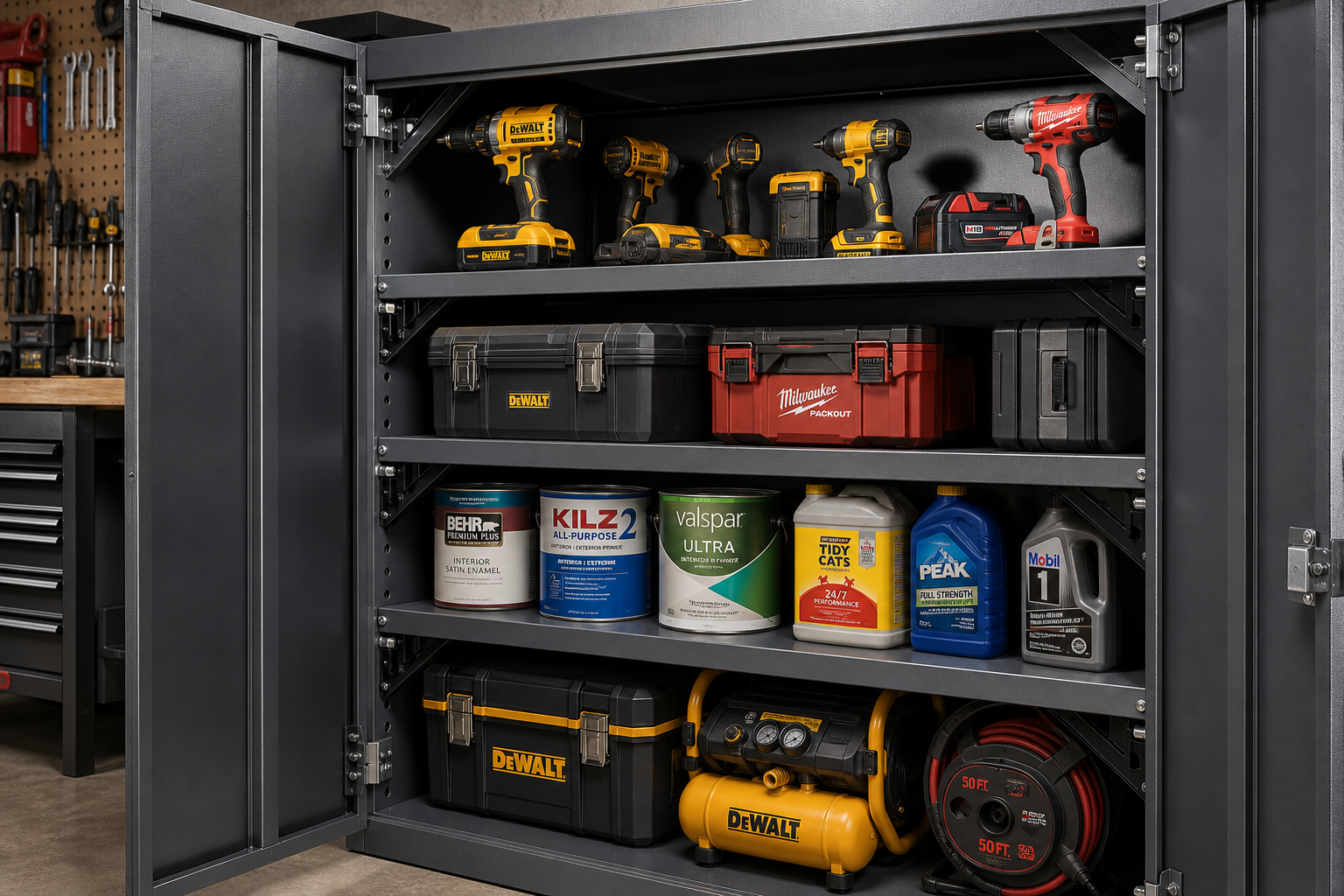 Heavy-duty garage cabinet shelves loaded with tools and equipment showing weight capacity
