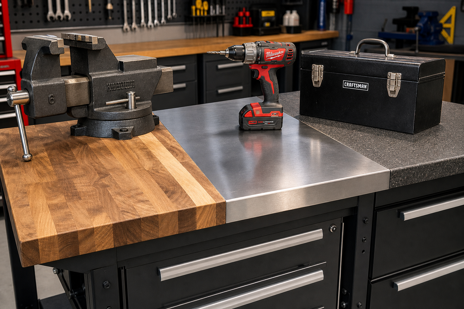 Close-up comparison of different workbench surface materials with heavy tools demonstrating weight capacity