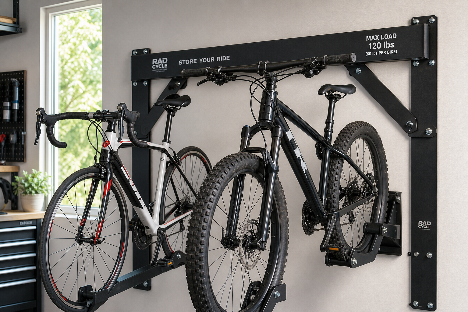 Wall-mounted bike rack holding different weight bicycles showing capacity considerations