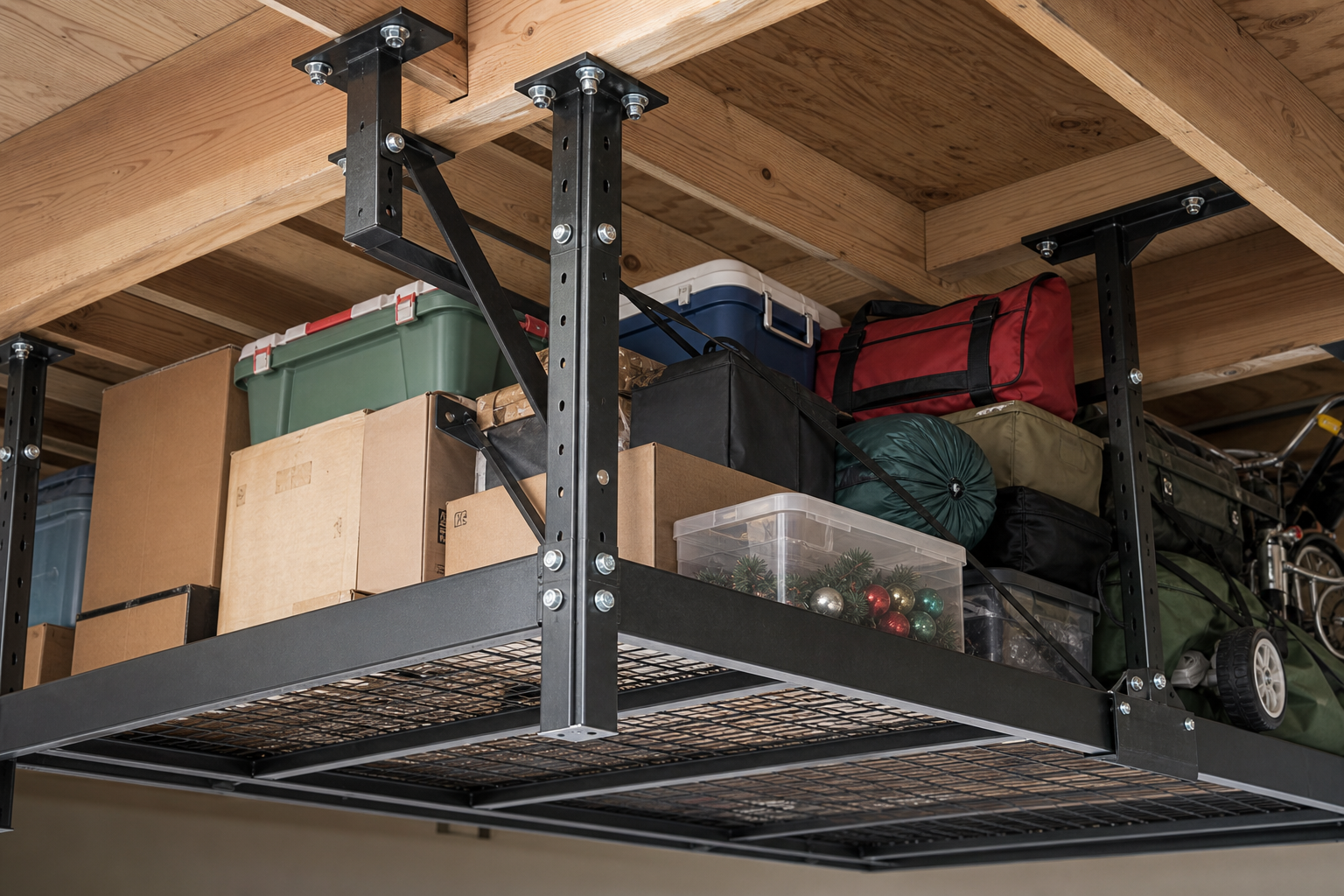 Heavily loaded garage ceiling storage rack demonstrating weight capacity