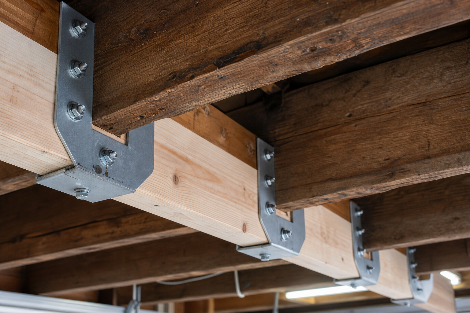 Ceiling joist reinforcement showing metal brackets and additional lumber for overhead storage support