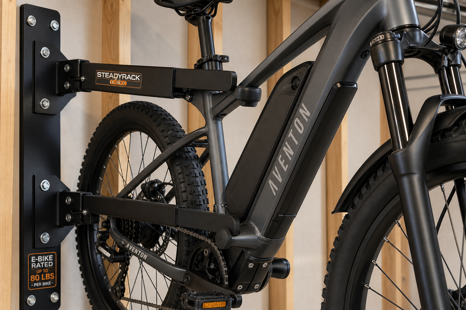 Heavy-duty bike storage system designed for electric bikes showing reinforced mounting hardware