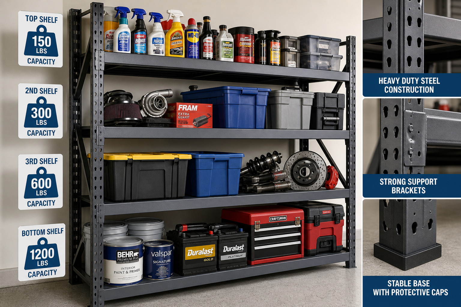Garage shelving unit loaded with items of different weights showing weight capacity and shelf configuration