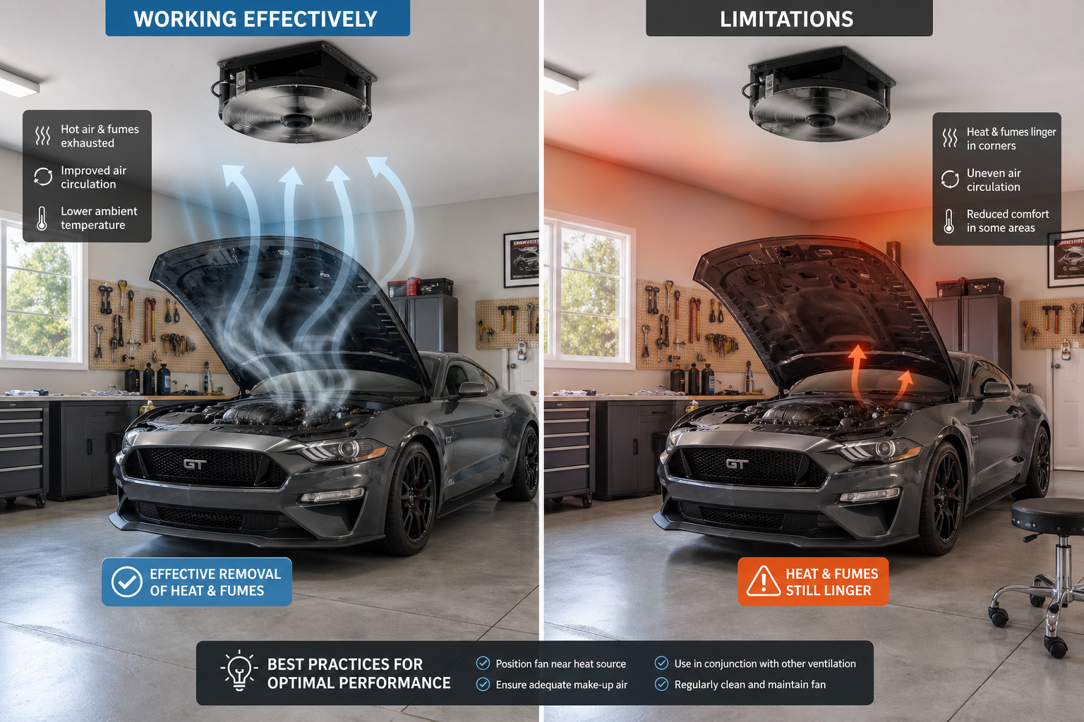 Garage exhaust fan showing both capabilities and limitations in ventilation