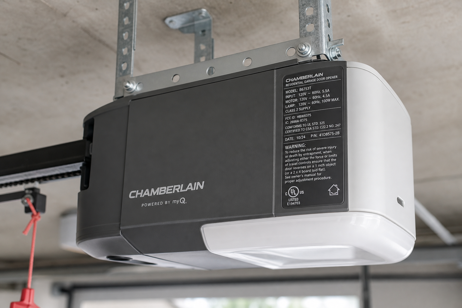 Garage door opener motor unit showing horsepower specifications