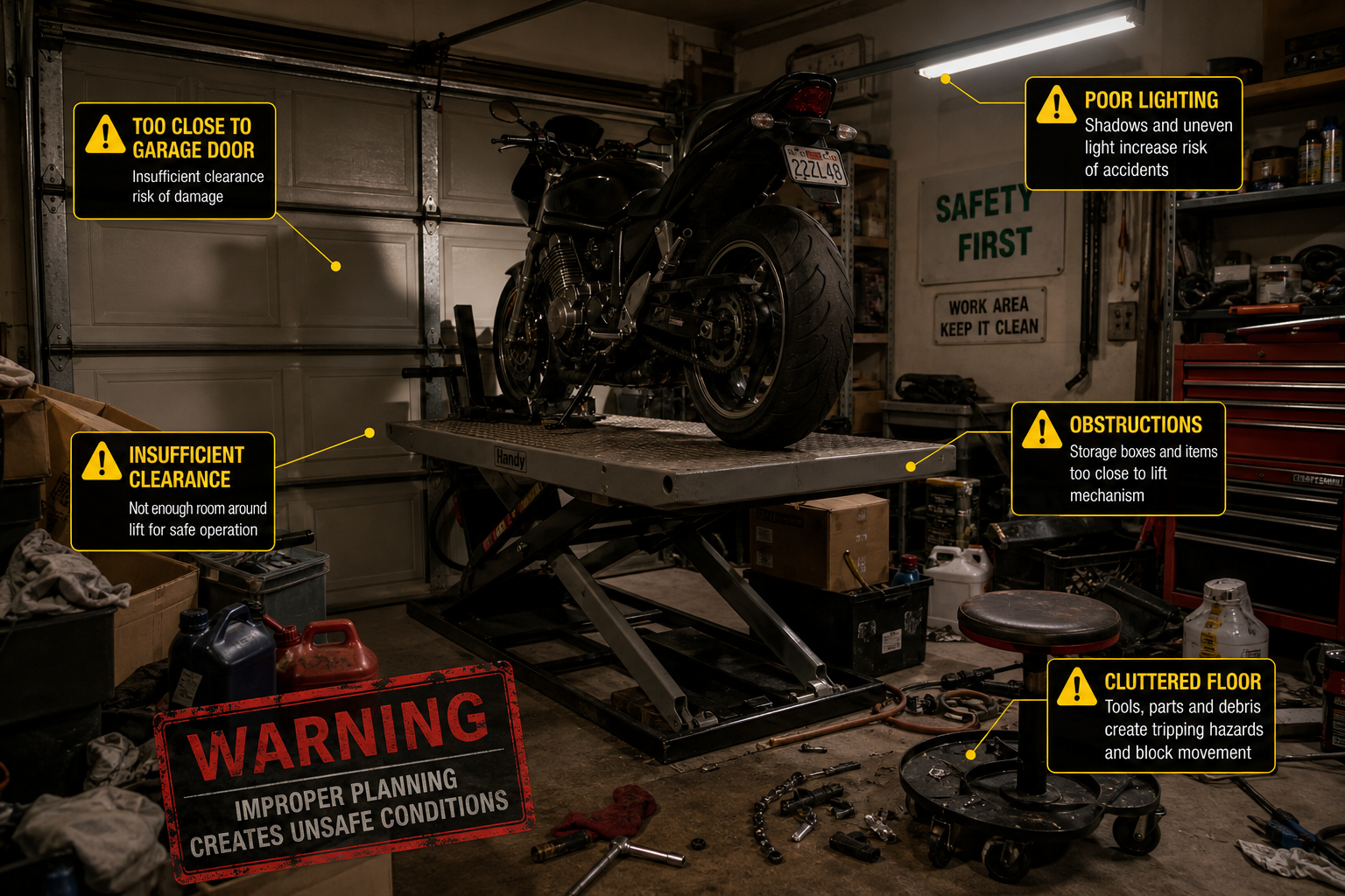 Garage showing common motorcycle lift installation mistakes and safety hazards to avoid