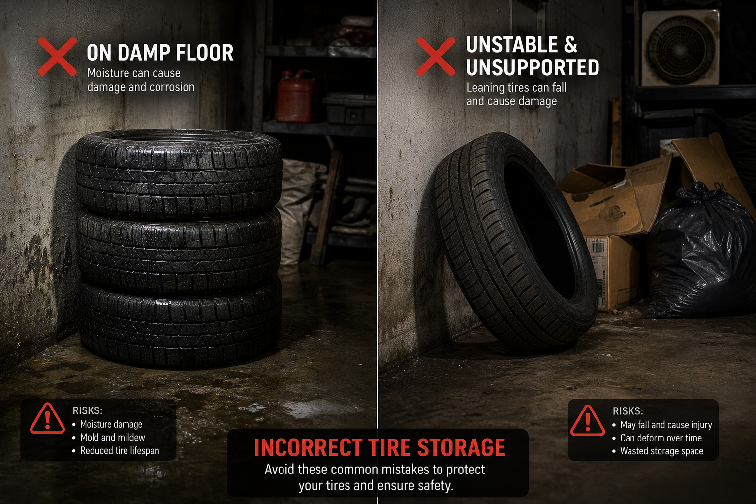 Improperly stored winter tires on damp garage floor showing common storage mistakes