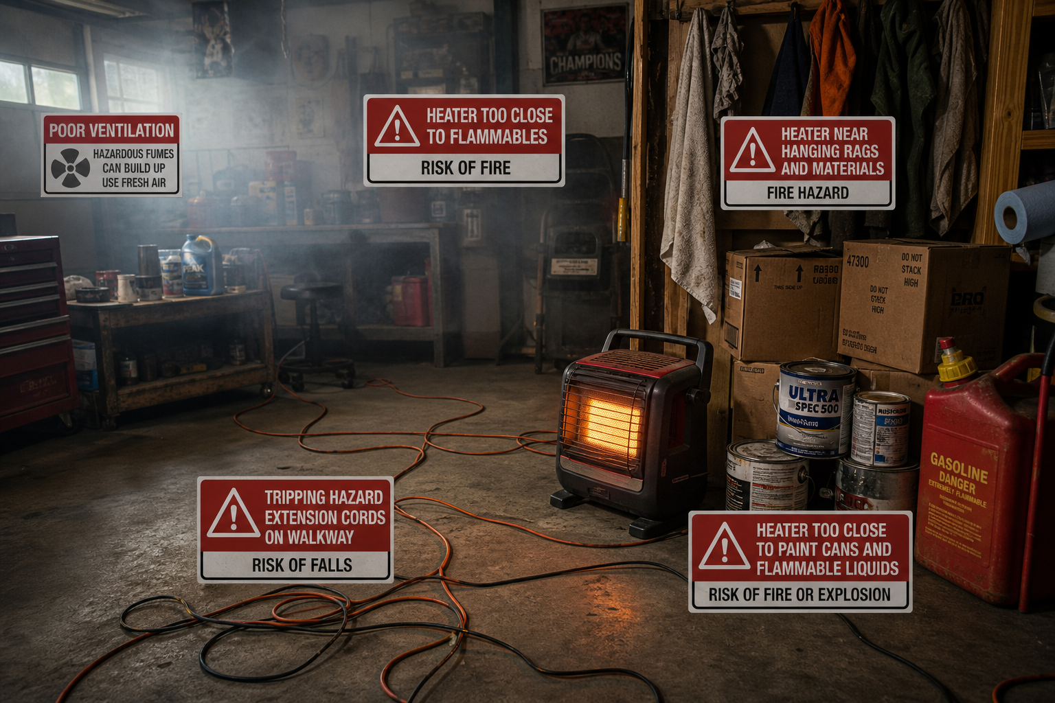 Garage showing dangerous heater placement near flammable materials and safety hazards