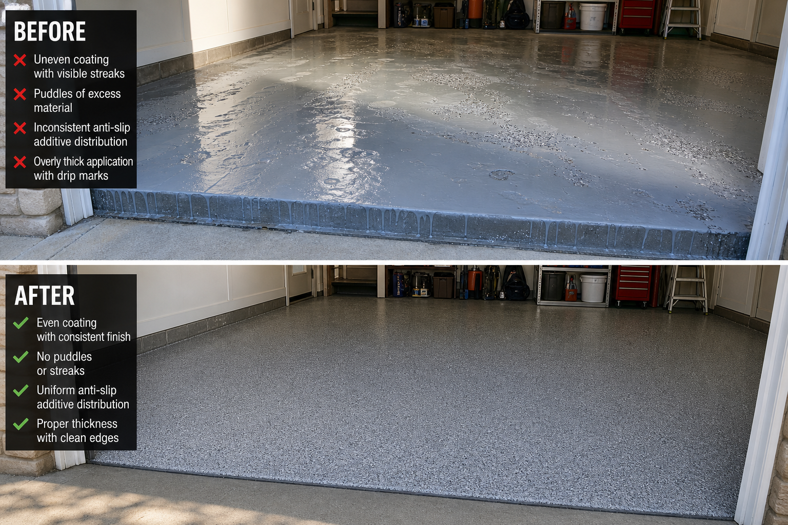 Garage floor showing common anti-slip coating application mistakes to avoid