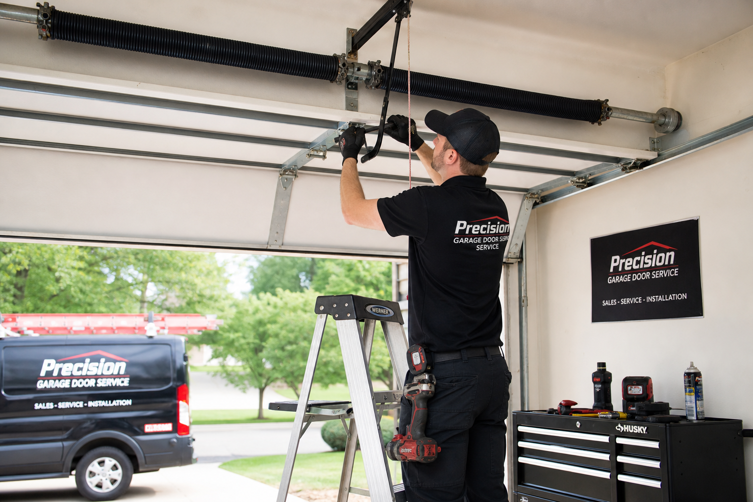 Professional technician replacing garage door springs with proper tools and safety equipment