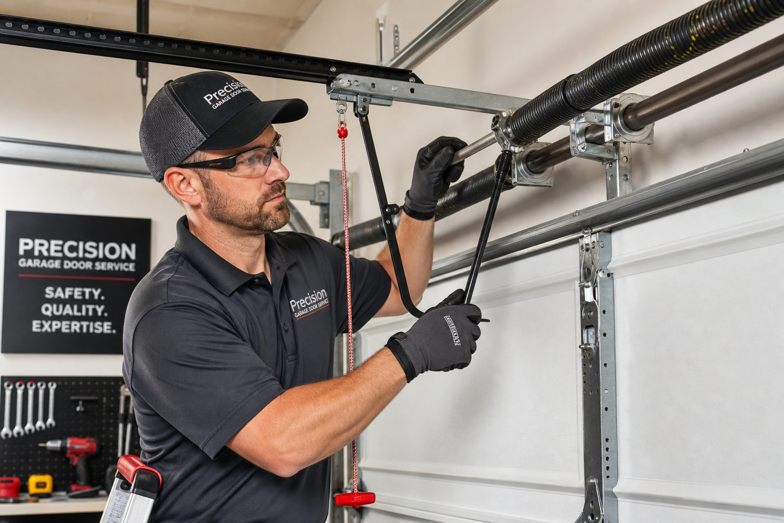 Professional technician performing complex garage door repair with specialized equipment